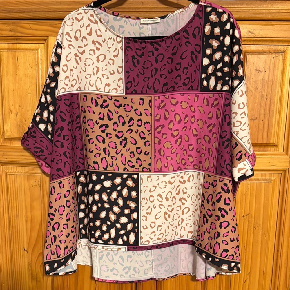 Go Wild! Shades of pinks, black, cream, caramel animal print squares Top